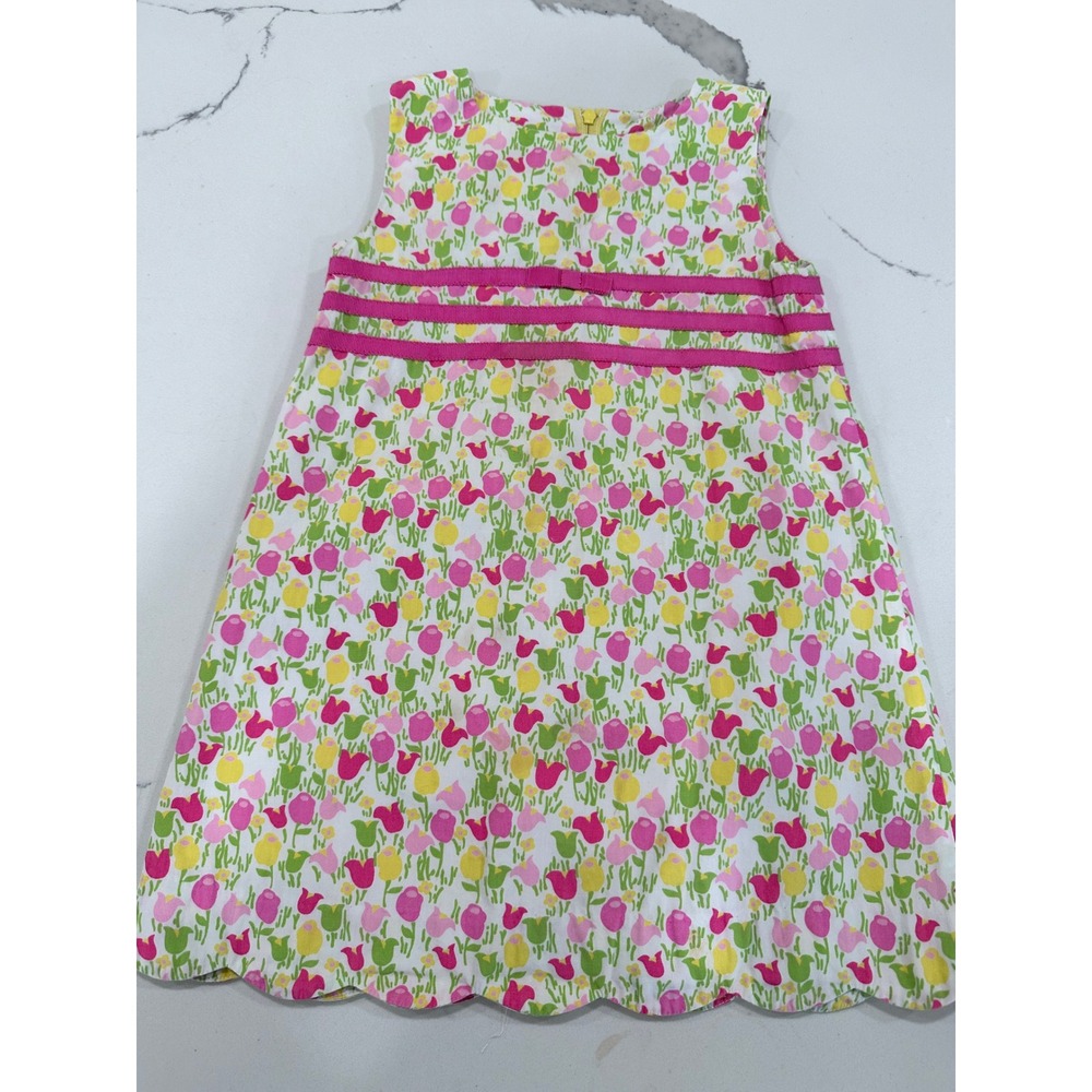 Lilly Pulitzer Girls 2T Tulip Floral Shift Dress Pink Yellow Scalloped Hem
